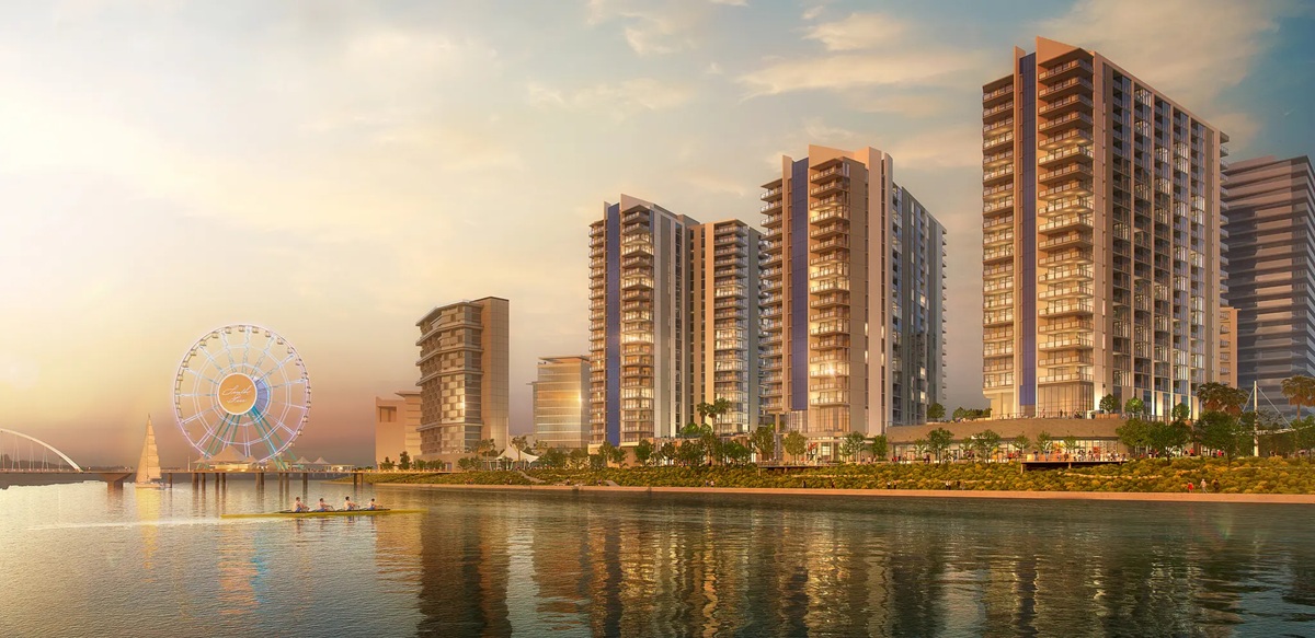 Rendering of Shorehaven at South Pier in Tempe showing several high-rise buildings along the lake with an observation wheel and waterfront views.