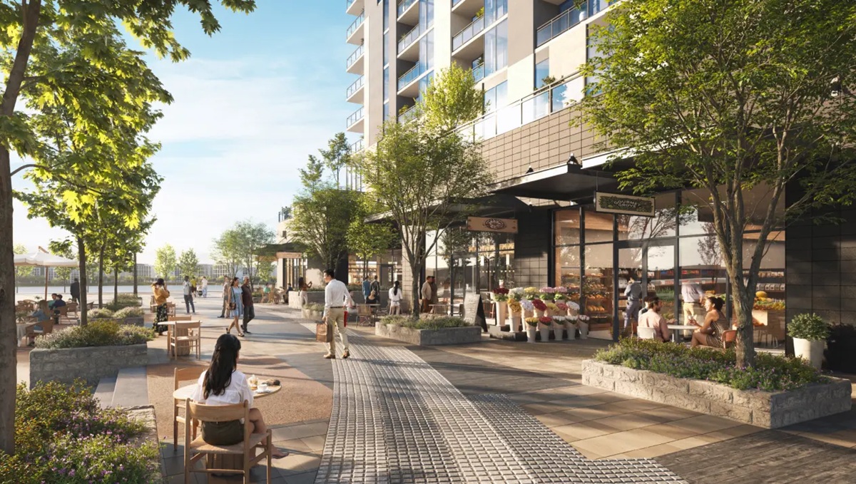 Rendering of a pedestrian-friendly retail and dining area at Shorehaven, part of South Pier in Tempe, with outdoor seating and tree-lined walkways.